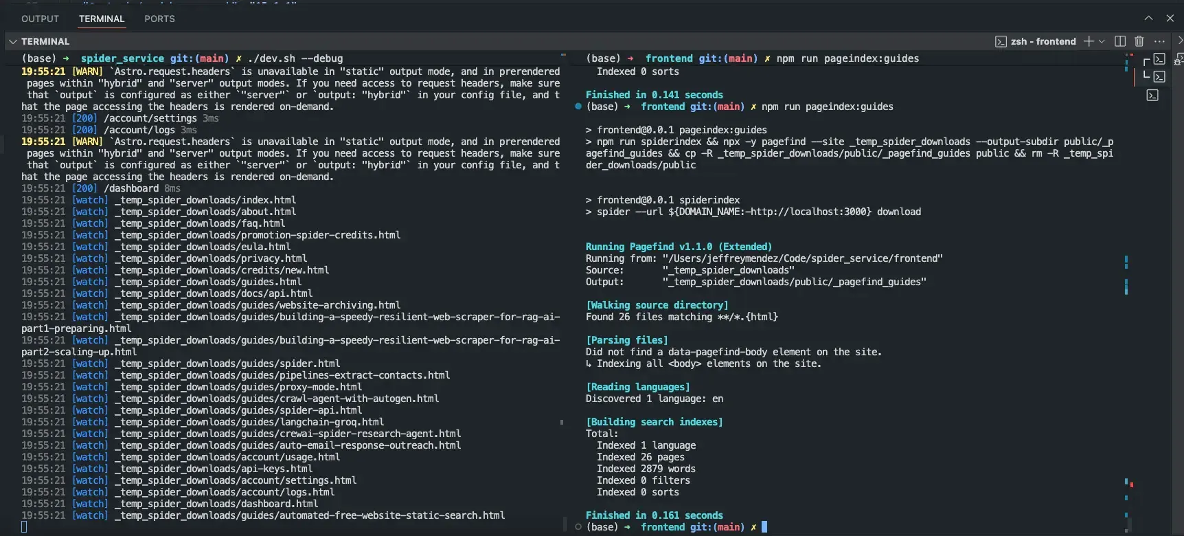 Pagefind spider indexing example in Visual Studio Code indexing a full website fast