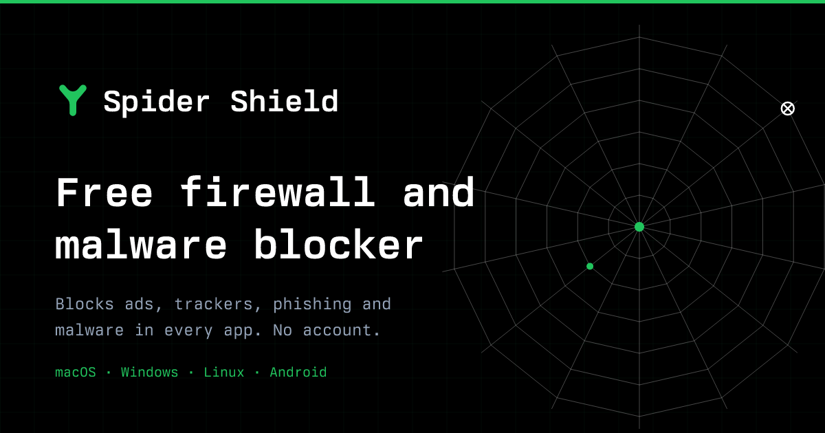 Spider Shield, a free firewall and malware blocker for macOS, Windows, Linux and Android.